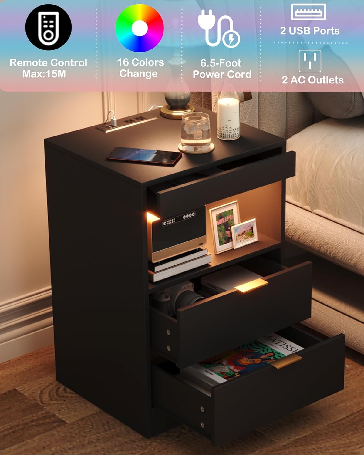 Yusong Nightstand, LED Nightstand with Charging Station, Black