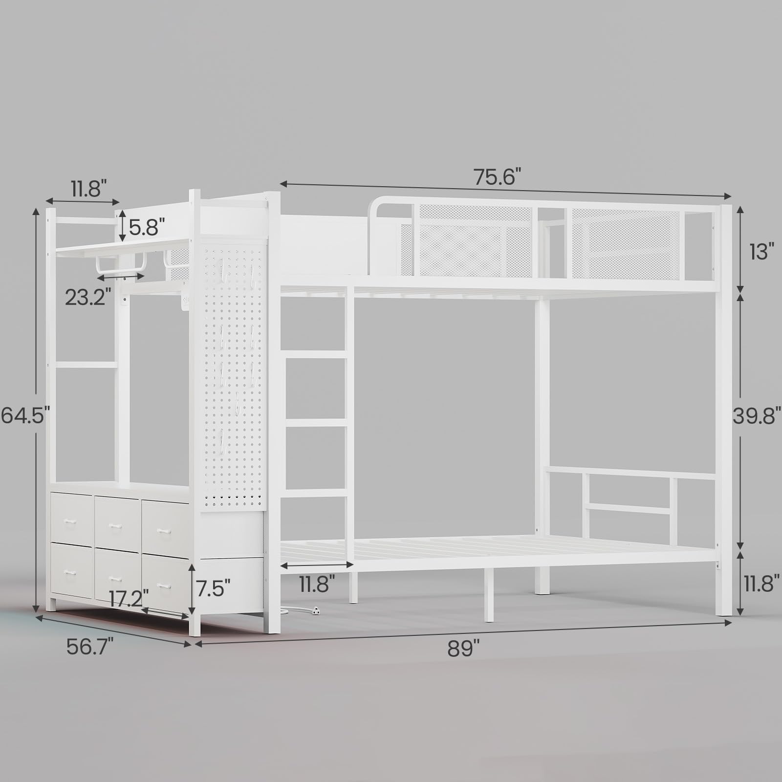 Itaar Metal Bunk Bed Full Over Full with Hall Tree, Power Outlet, LED Bunk Bed with 6 Storage Drawers, Bed with 13‘’ Safety Guardrail & Ladders for Kids and Teen, 400lb Weight Capacity, White