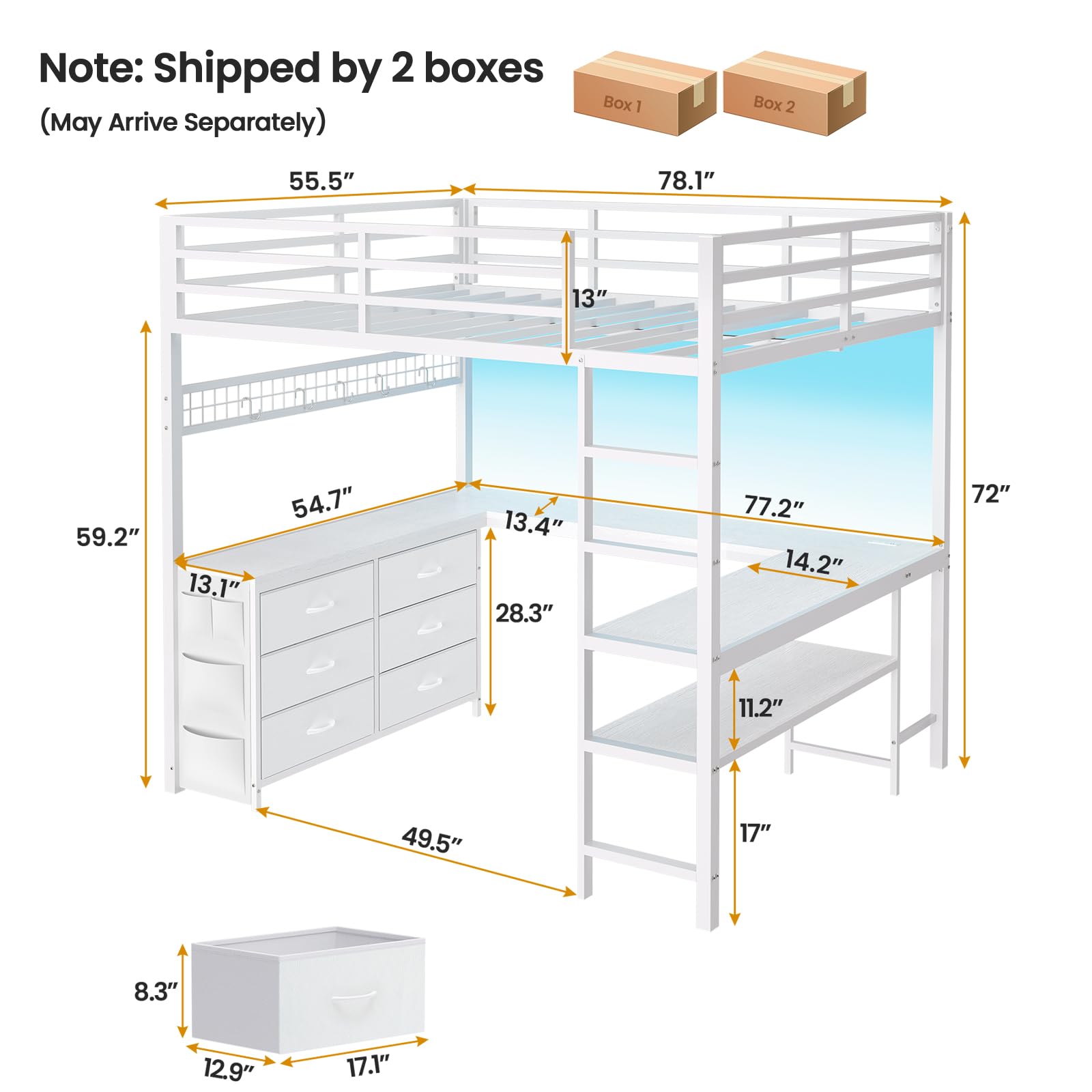 Loft Bed Full Size with U-Shaped Desk