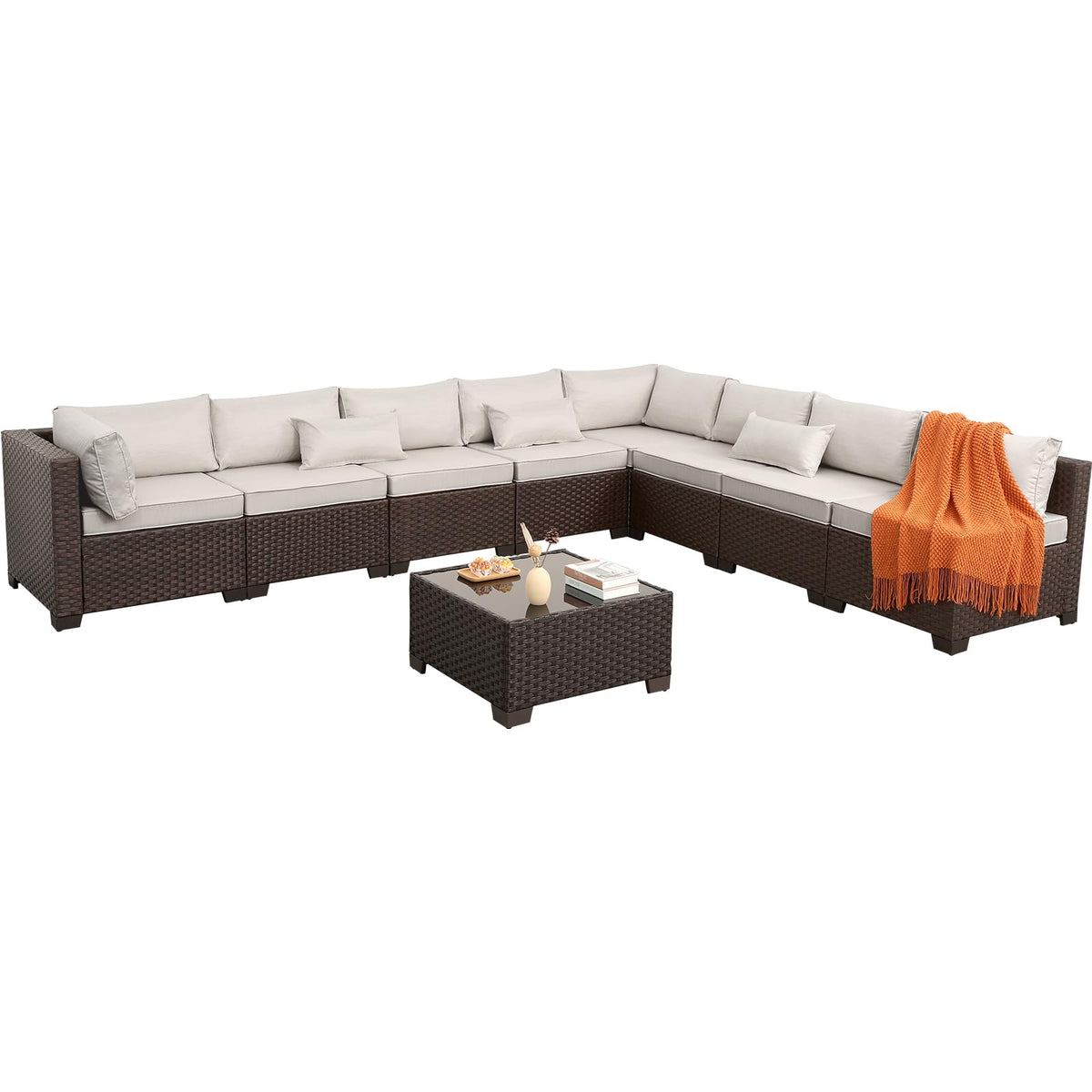 Rattaner 9 Pieces Outdoor Sectional All-Weather HDPE Brown Wicker Patio Furniture Set Patio Sectional Glass Patio Table Non-Slip Cushions and Waterproof Covers, Beige