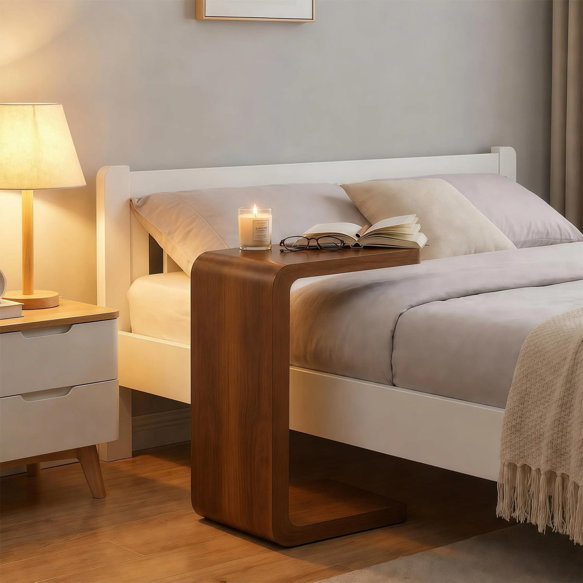 Walnut C-Shaped Wood End Table