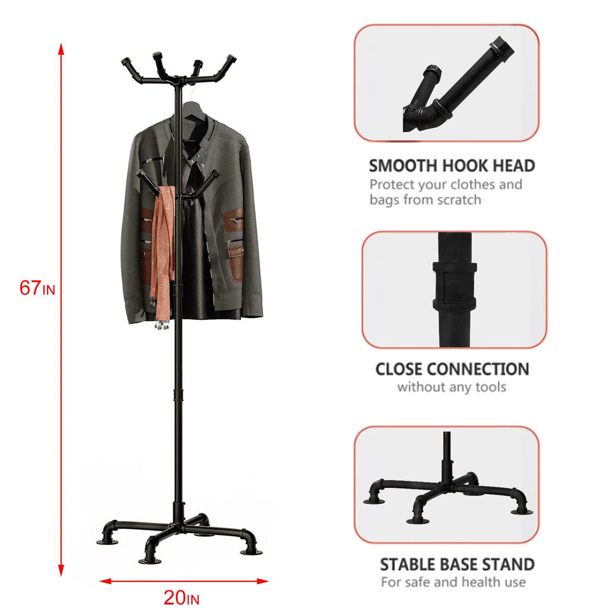 THRONKENGER Industrial Coat Rack,Metal Pipe Coat Rack Stand Freestanding with 6 Hooks,Heavy Duty Coat Tree Sturdy Coat Racks for Entryway, Hallway, Bedroom (Black)