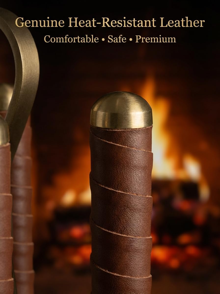 5-Piece Wrought Iron Fireplace Tool Set with Leather Handles