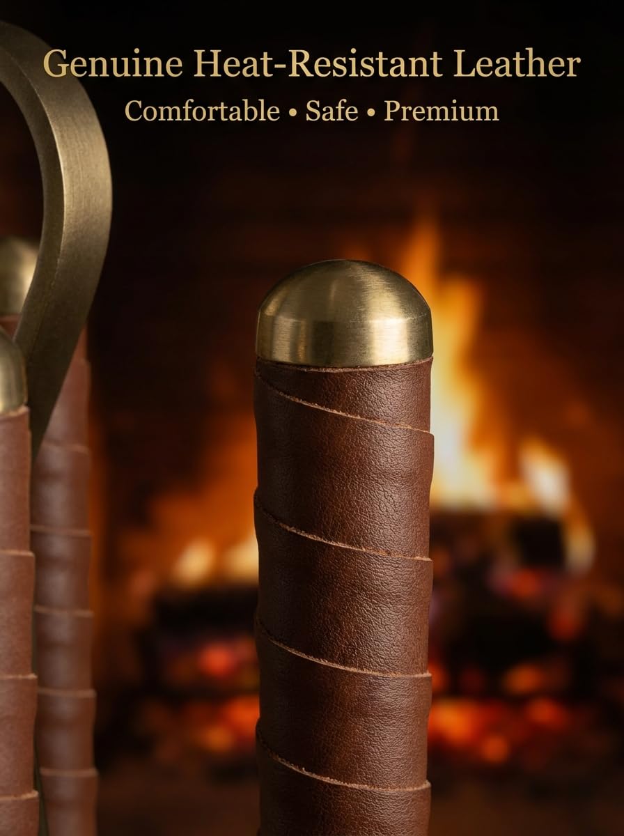 5-Piece Wrought Iron Fireplace Tool Set with Leather Handles