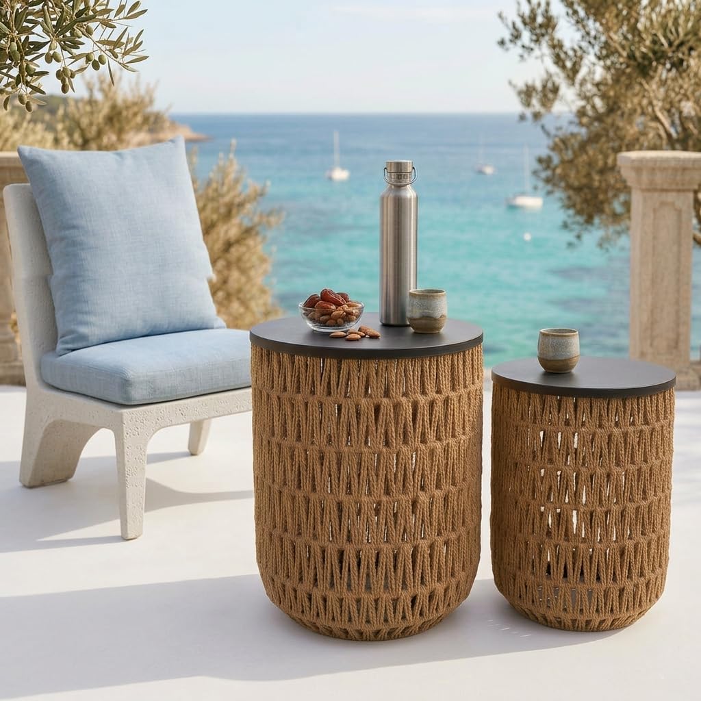 Boho Rattan Outdoor Side Table Set of 2