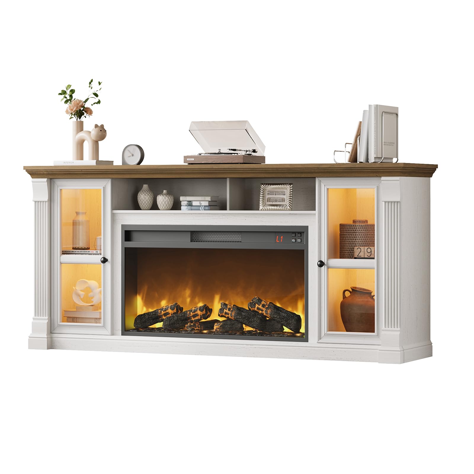 Farmhouse Fireplace TV Stand Up to 80" TVs, 70" Modern Highboy Entertainment Center with 36" Electric Fireplace & LED Lights, Media Console with Adjustable Shelves for Living Room, Antique White