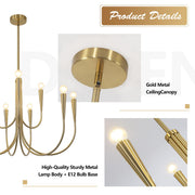 Magiroz 9 Light Modern Farmhouse Gold Candle Chandelier Light Fixtures Large Vintage Brass Metal Candle Pendant Lighting Rustic Industrial Candlestick Chandelier Hanging Dining Room Light MPL26-9 GD