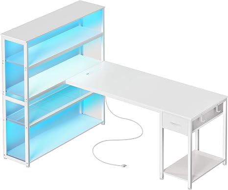 L-Shaped Gaming & Office Desk with RGB Lighting & Power Strip