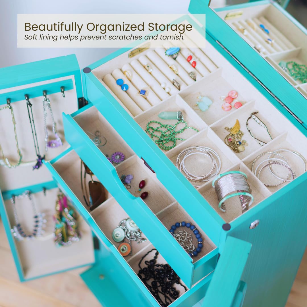 Standing Jewelry Armoire with Mirror & 7 Drawers – Turquoise