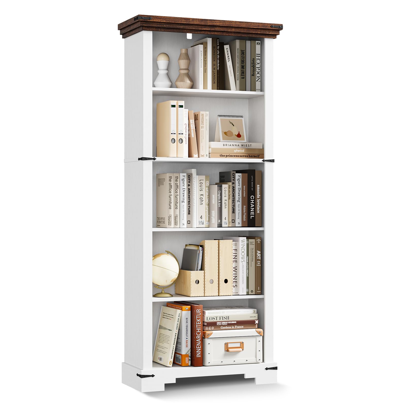 HOTLUU 5-Tier Farmhouse Bookshelf, 61.1 inch Tall Bookcase with Storage & Unique Design & One Adjustable Shelf, Wooden Bookshelf for Study Room, Living Room, Home Office, Bedroom (White)