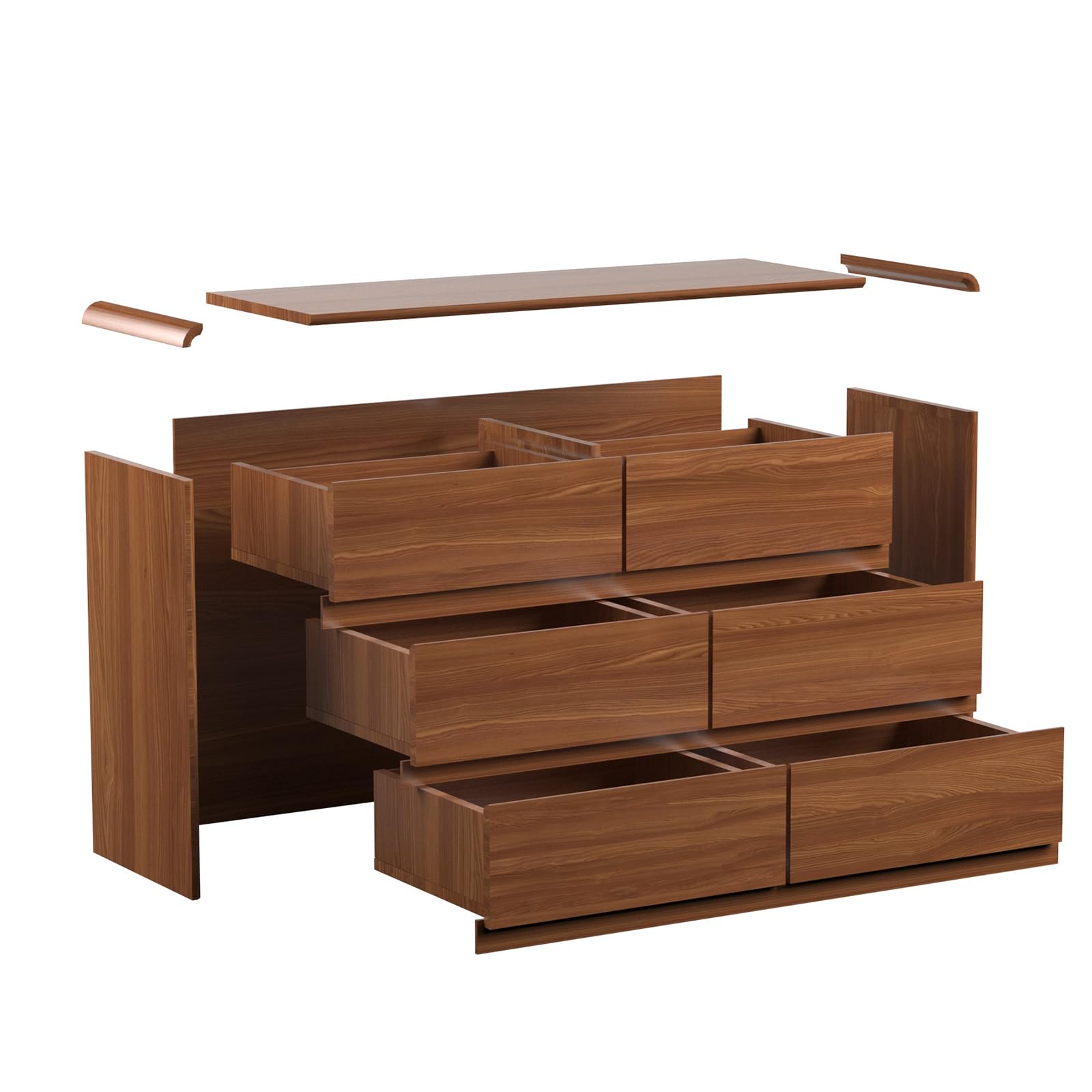 Lazeamo Modern 6 Drawer Dresser Storage Cabinet for Bedroom, Living Room, 47-Inch Wood Chest of Drawers, Curved Anti-Collision Design, Natural Texture.(Walnut)