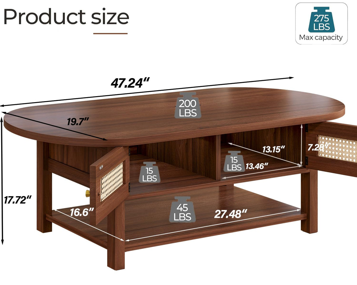 LVB Oval Coffee Table, 47" Rattan Boho Wood Living Room Table with Storage