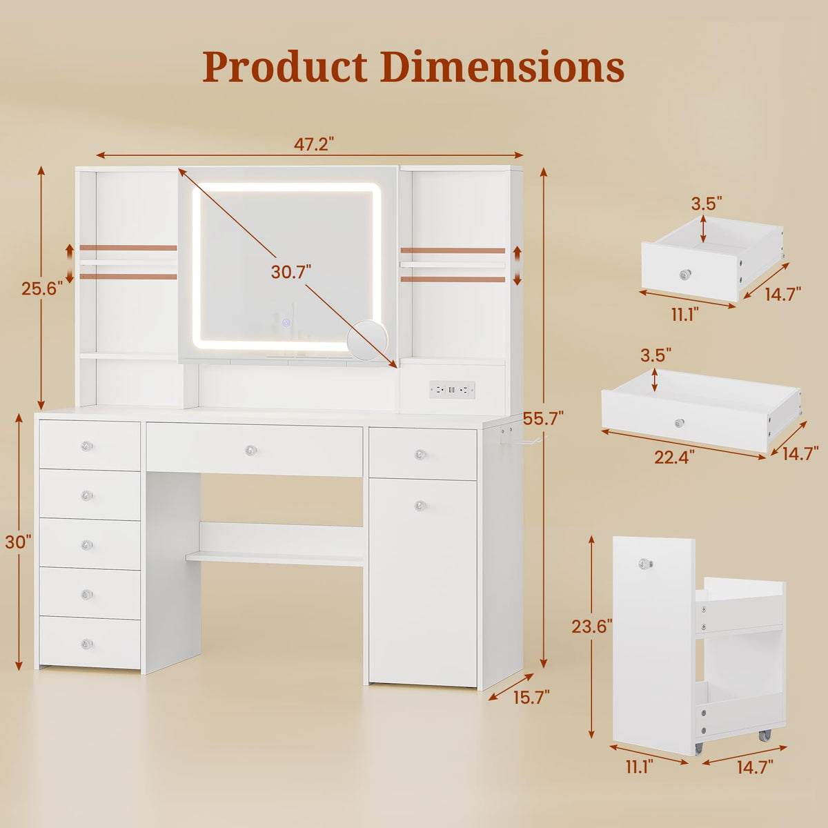 47.2'' Vanity Desk with Mirror and LED Lights, White