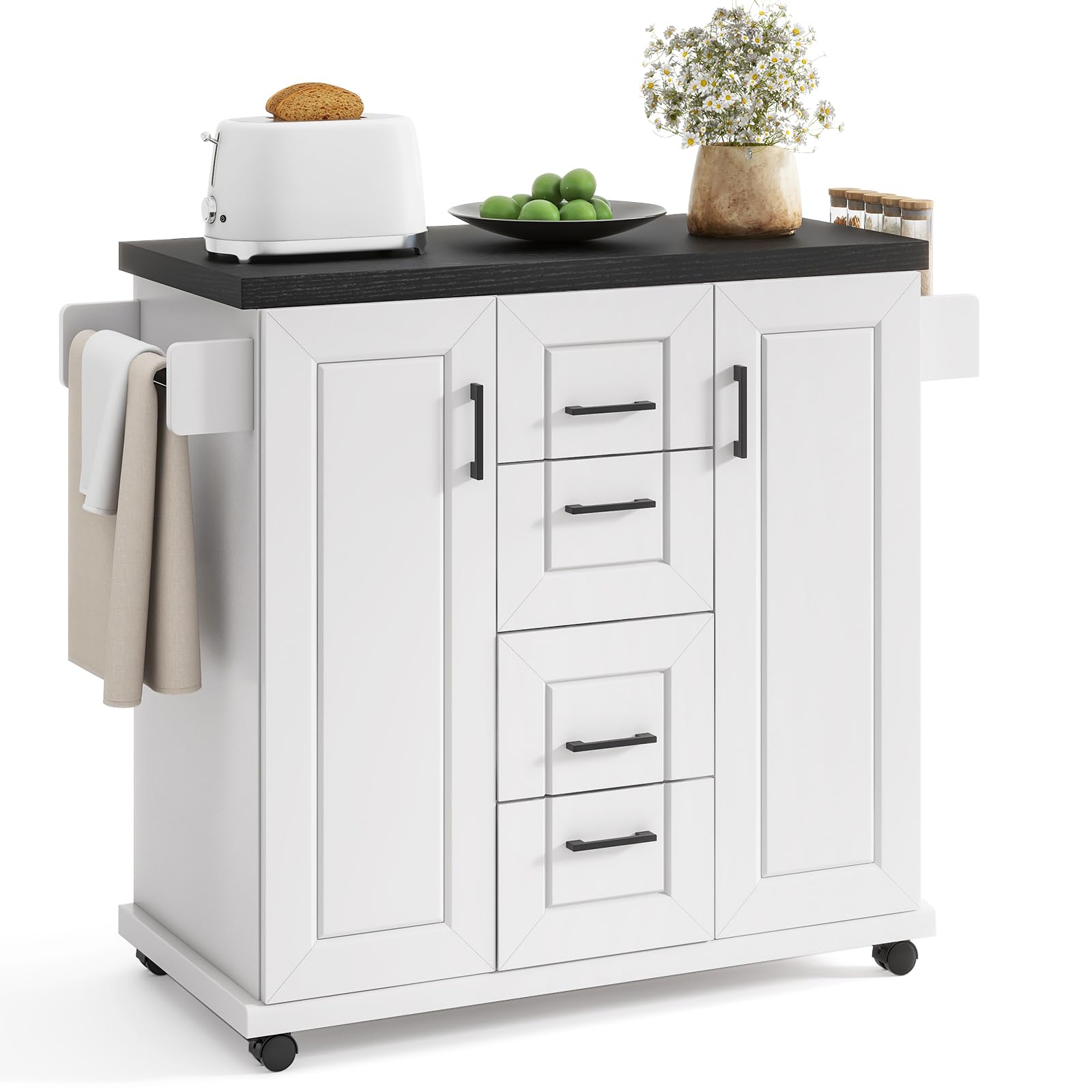 GOFLAME Kitchen Island Cart on Wheels, Rolling Kitchen Cart with Storage Cabinets, 4 Drawers, Towel Rack and Spice Rack, Mobile Serving Trolley Cart for Kitchen, Dining Room, White