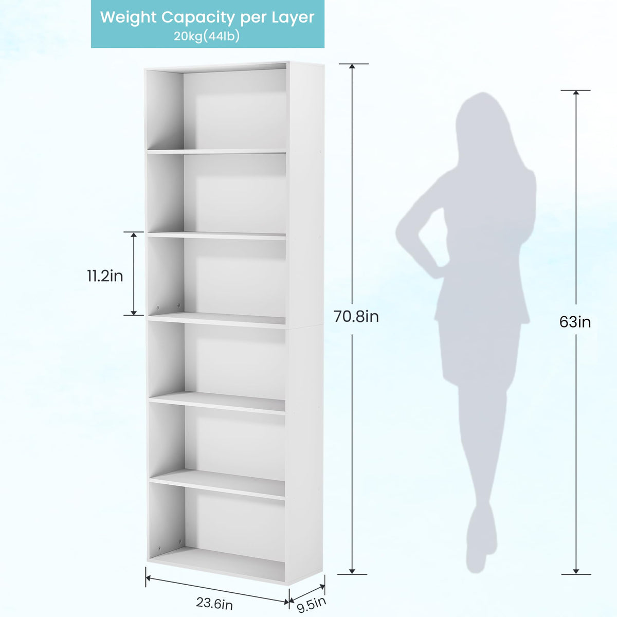 White 6-Tier Bookshelf