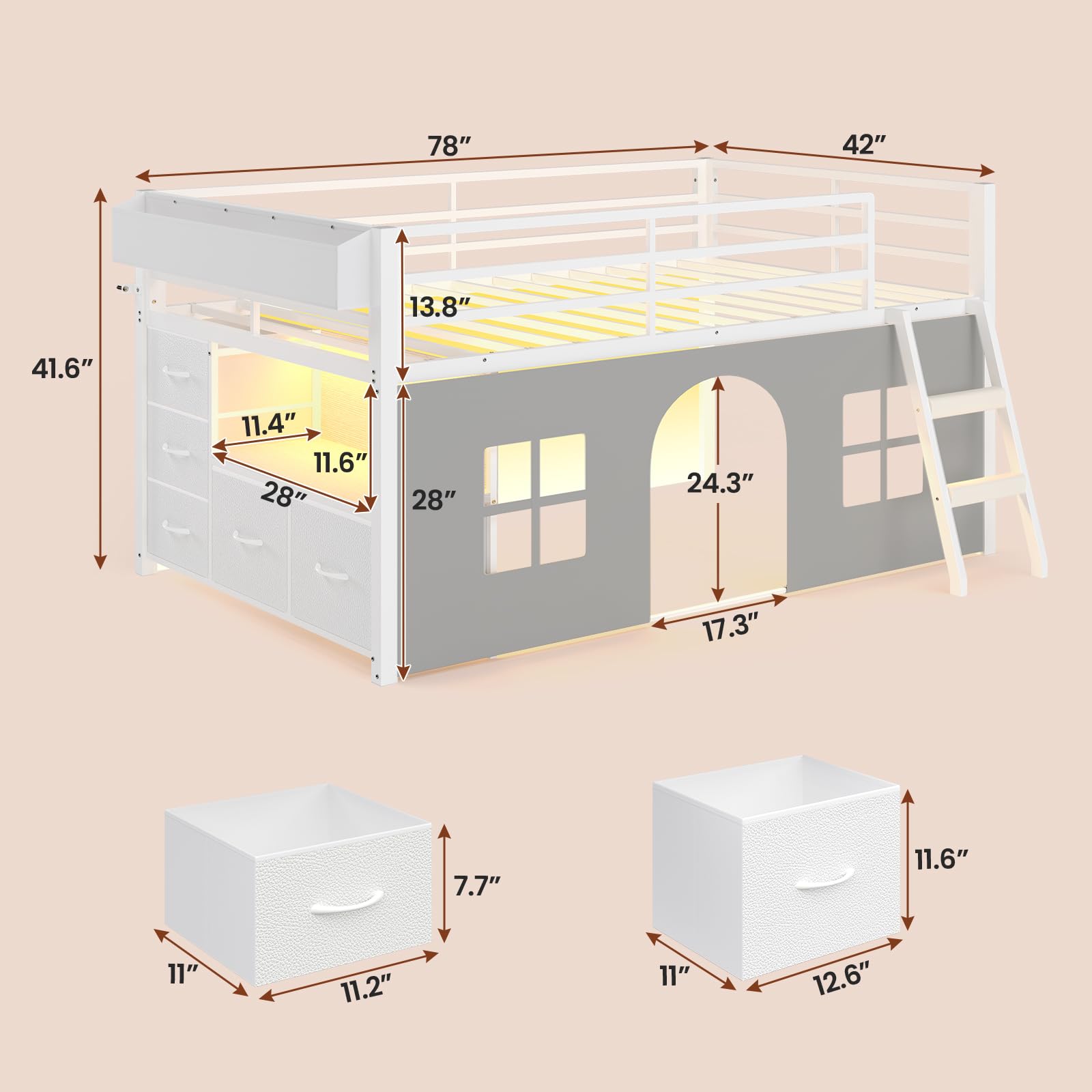 ADORNEVE Low Loft Bed Twin Size with Tent, 5 Storage Drawers, LED Lights, Metal Kids Loft Bed with Bookcase & Under-Bed Play Space,Twin Loft Beds with 13.8''H Safety Guardrail,Inclined Ladder, White