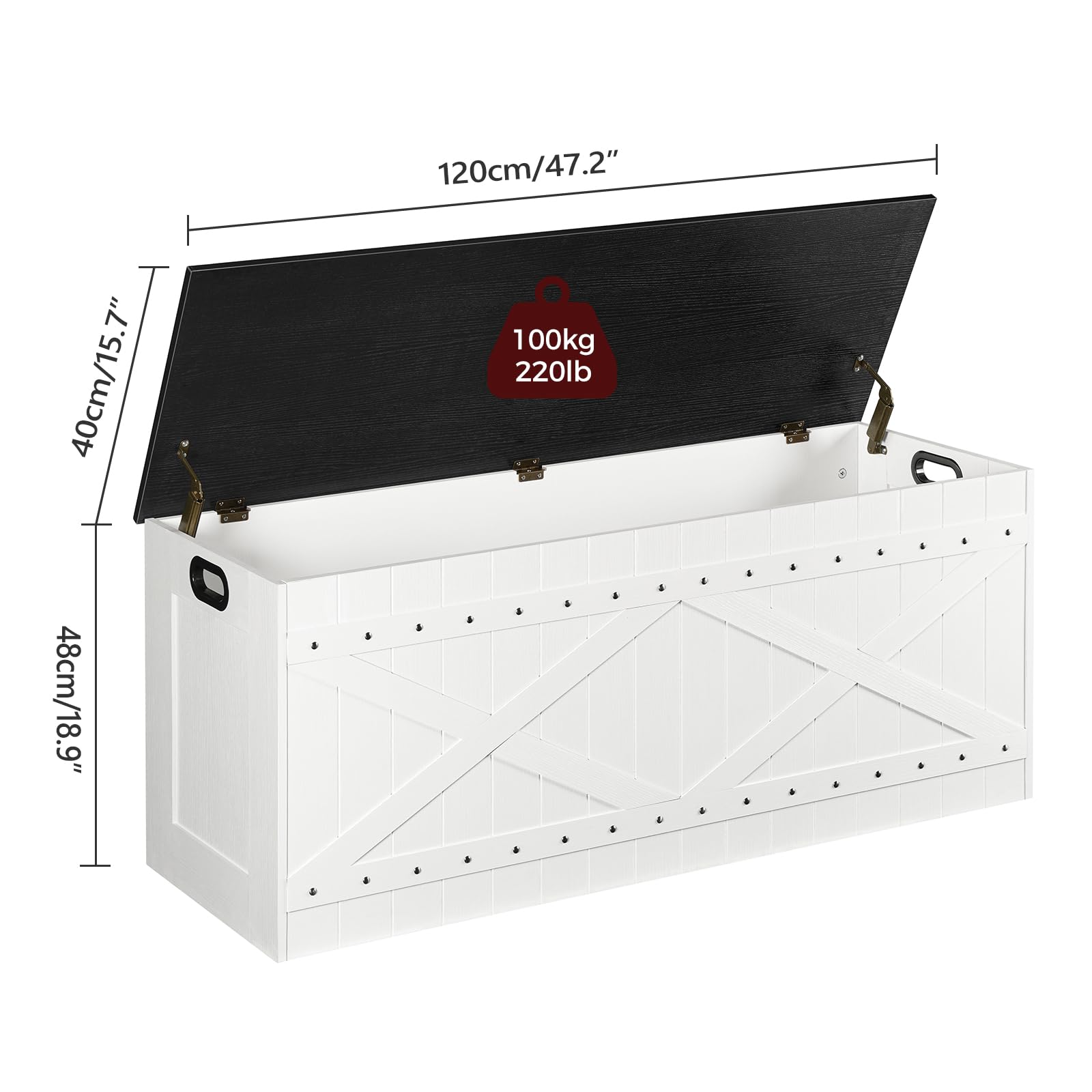 MAHANCRIS 47.2" Storage Chest, Extra Large Toy Box with 2 Safety Hinges, Wooden Toy Chest, Storage Bench with Rivets, Storage Trunk for Bedroom, Living Room, Entryway, White and Black SCBB18501