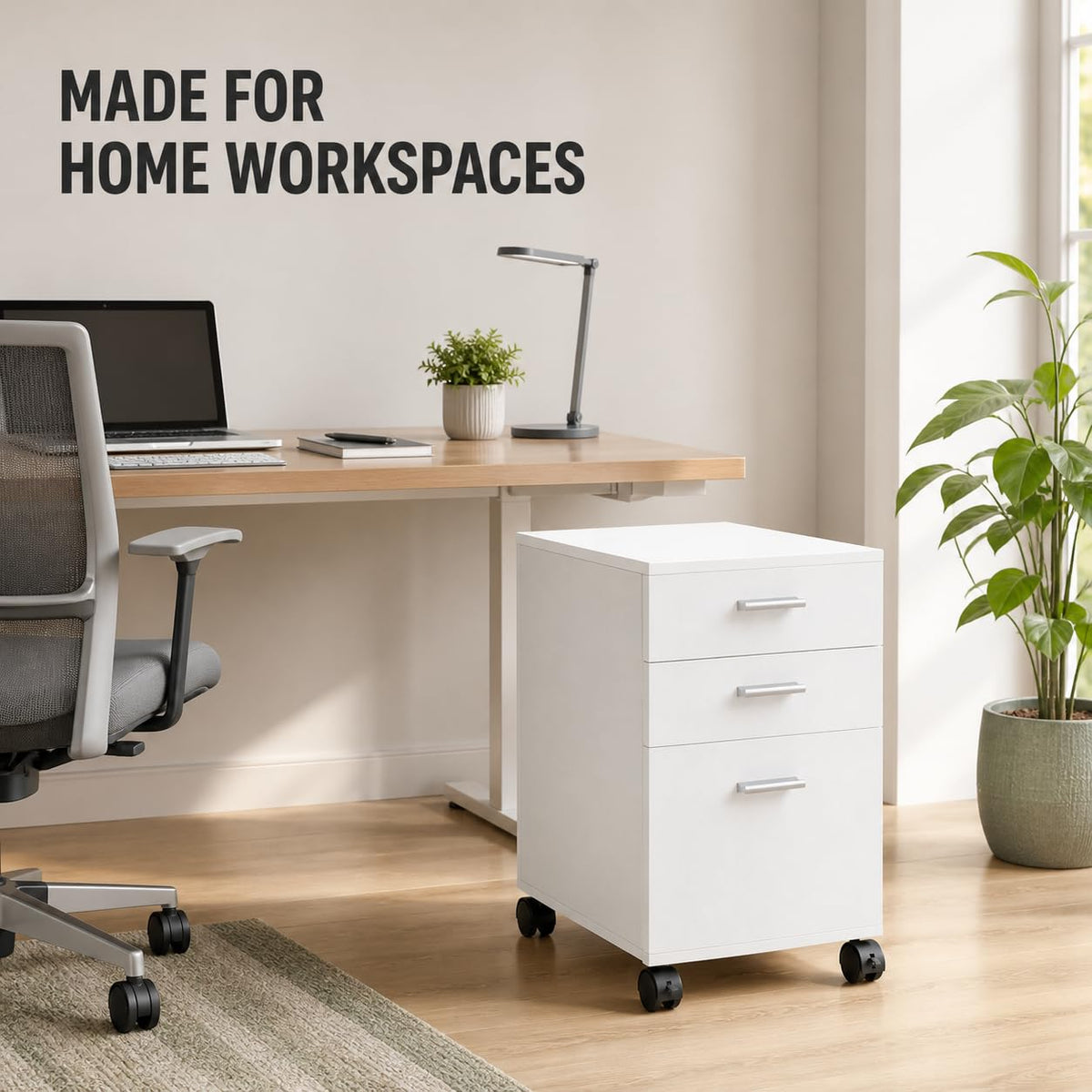 3 Drawer White Preassembled Wooden Under Desk Mobile Printer Stand