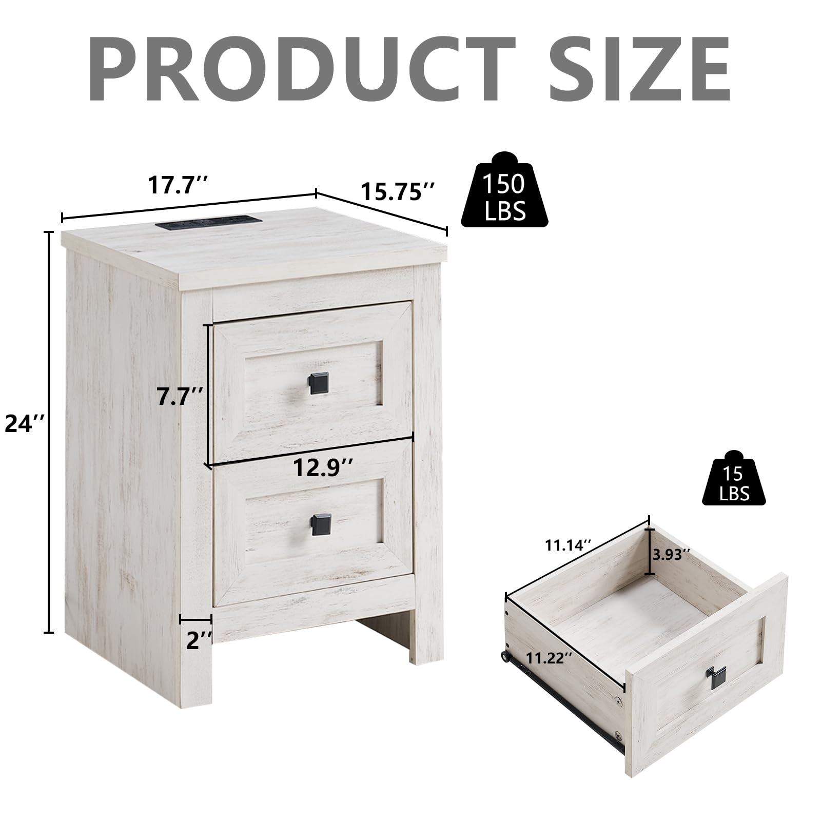 LUXOAK Nightstand Set of 2 with Charging Station, Farmhouse Night Stand with 2 Drawers Storage Cabinet, Rustic Wood Sofa Side Table for Bedroom, Office, Rustic White