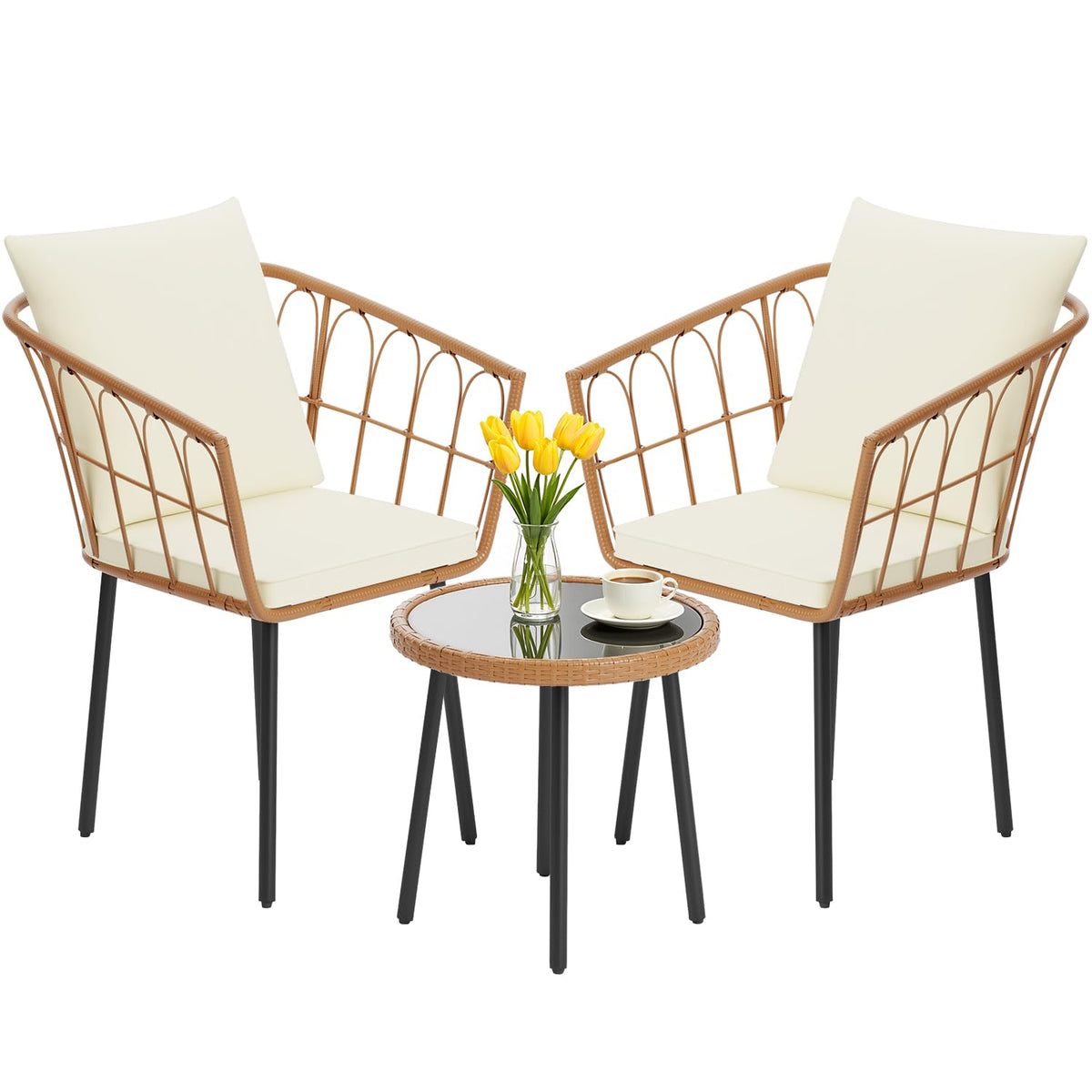 FDW 3 Pieces Patio Furniture Set, Patio Furniture Natural Rattan Patio Chairs Set with Coffee Table Cushion for Patio Porch Backyard Poolside Gardent, Beige