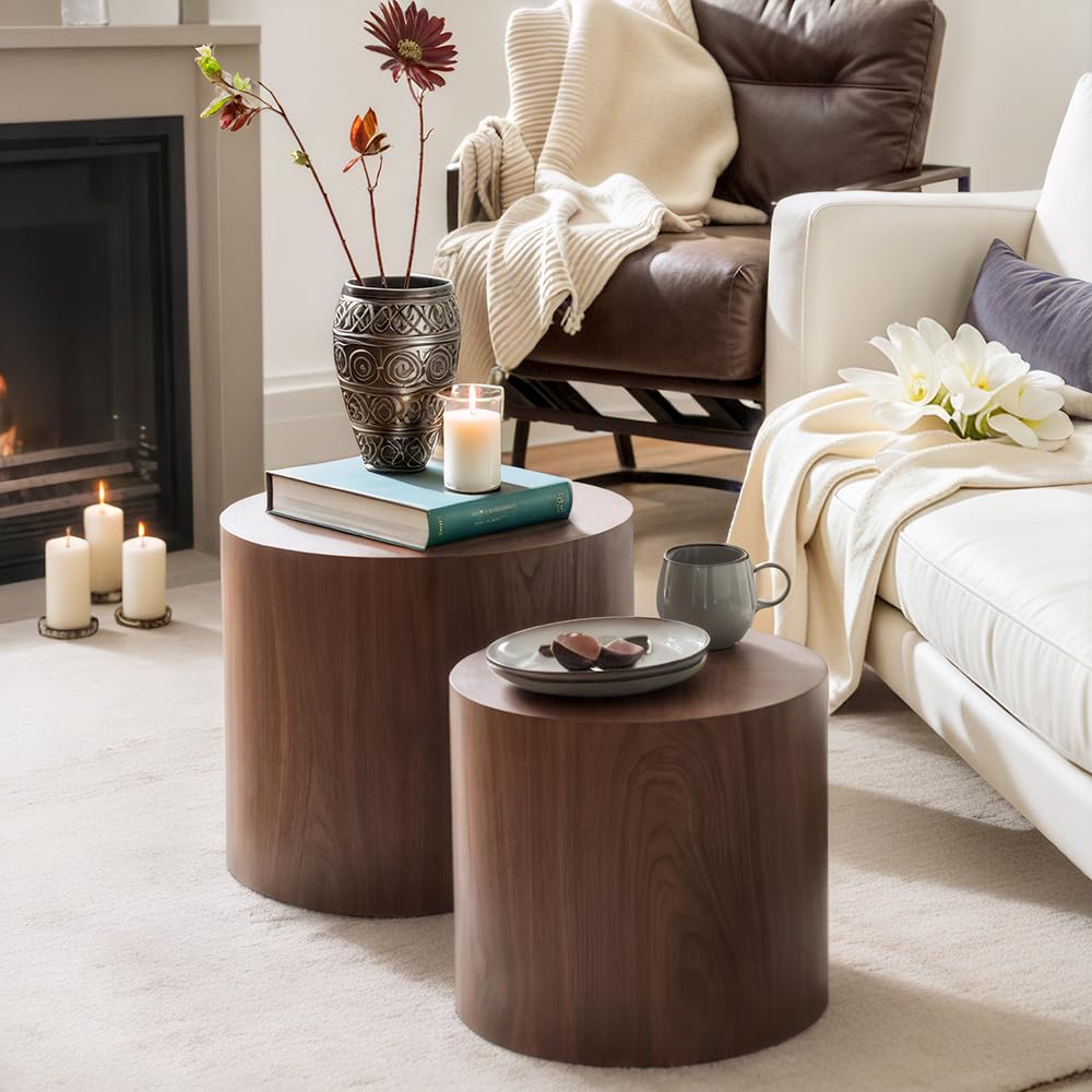 Nesting Coffee Table Set of 2 – Round Accent Tables with Non-Slip Feet