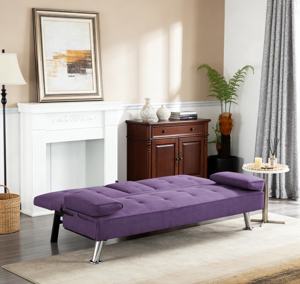 Purple Futon Sofa Bed with Cup Holders