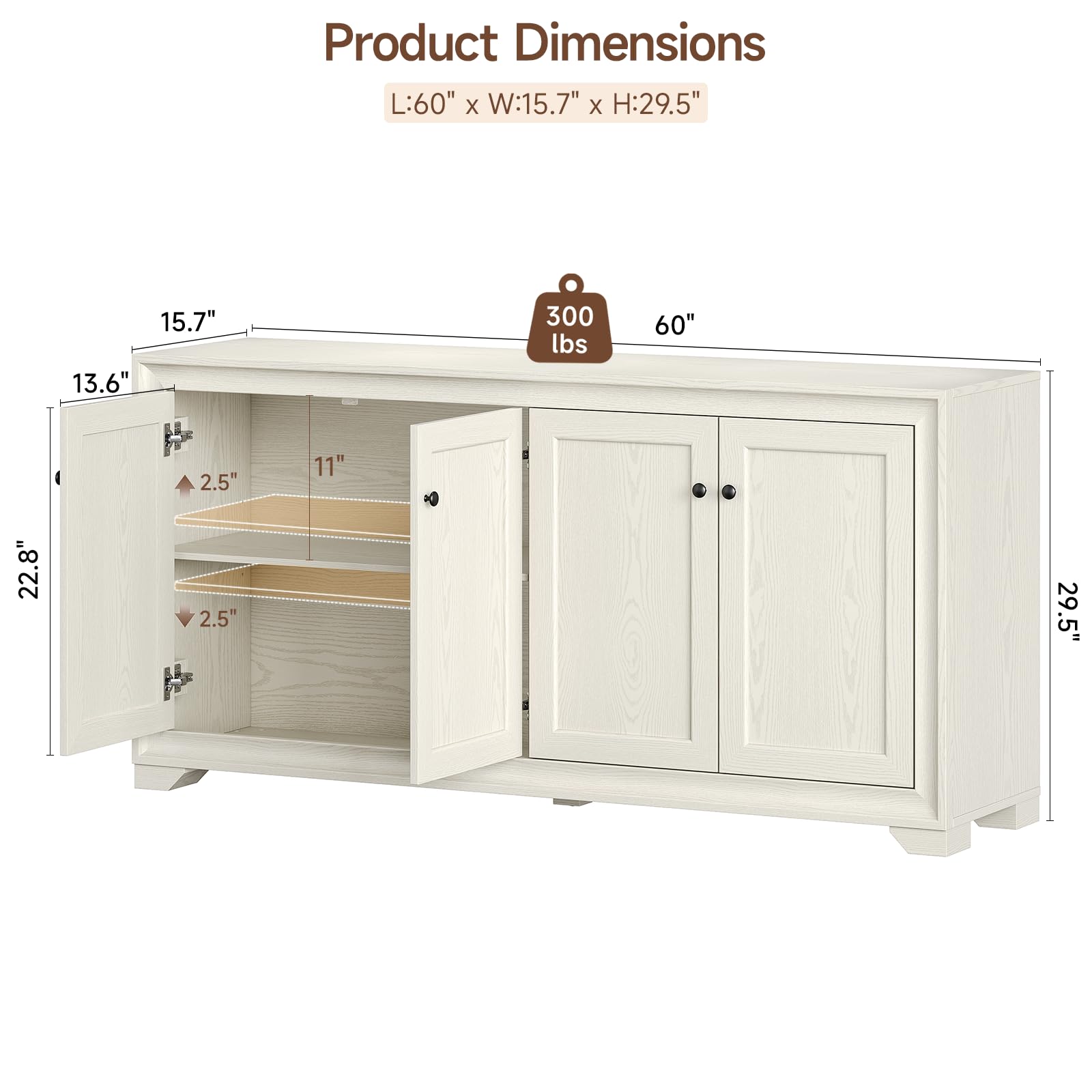 60" 4-Door Sideboard Buffet Cabinet with Adjustable Shelves