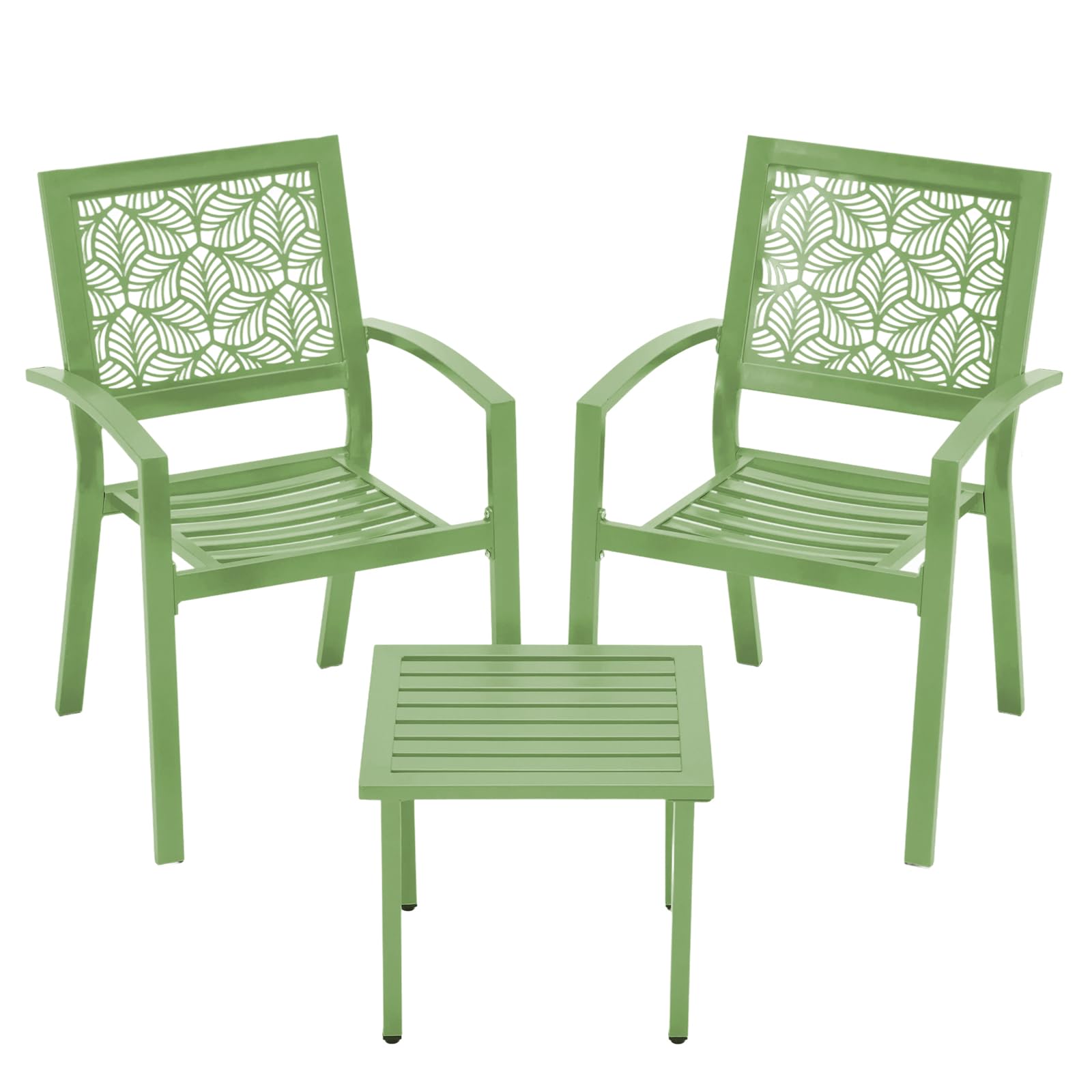 BUPPLEE 3 Piece Patio Bistro Set, Outdoor Steel Furniture Set, Stackable Modern Conversation Sets for Balcony Garden Deck Patio w/2 Chairs 1 Table, Sauge Green