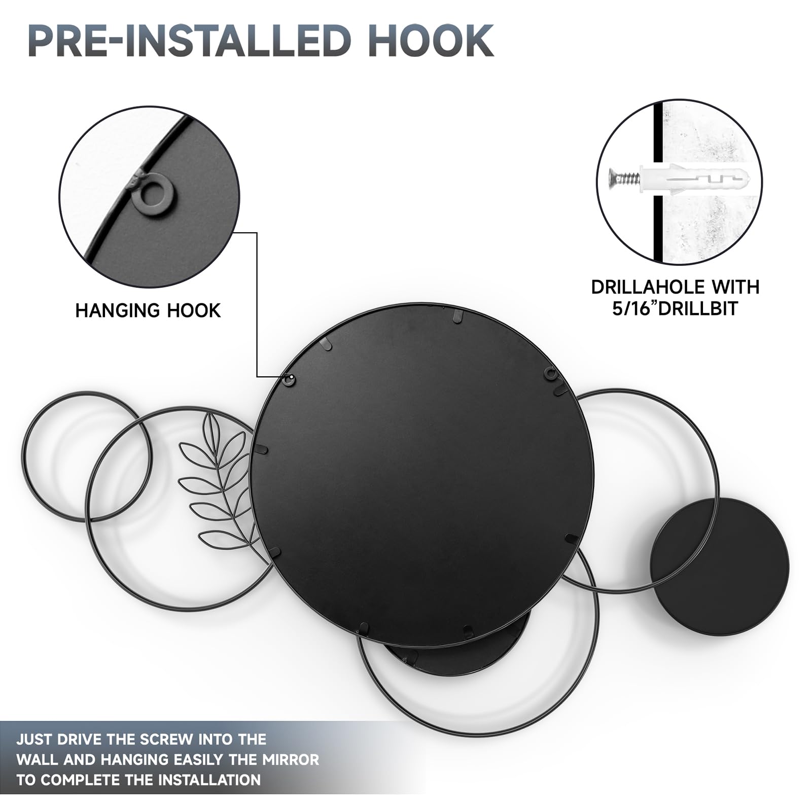 Round Black Metal Wall Mirror 45"x25.5"