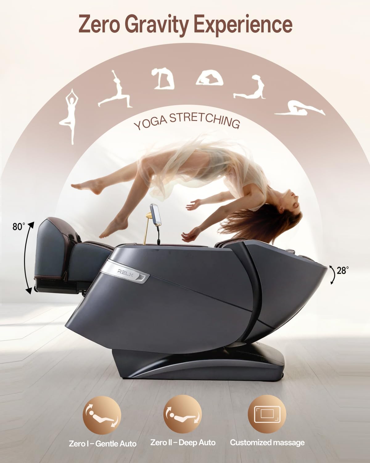 RELX 4D Massage Chair Full Body, Zero Gravity Shiatsu, Body Scan, Brown