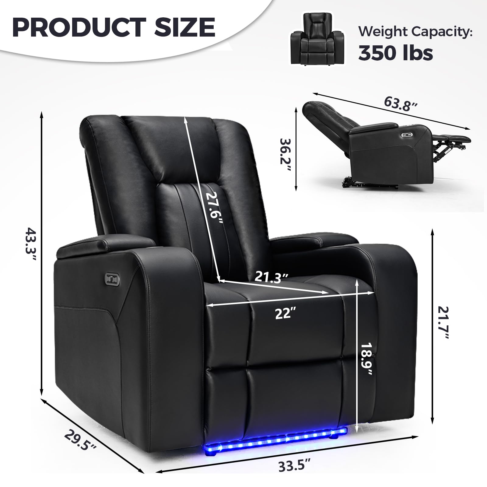 CANMOV Power Home Theater Seating, Set of 2 PU Leather Electric Recliner Chair with USB Tape-C Ports, LED Light, Cup Holders, Hidden Arm Storage(Black)