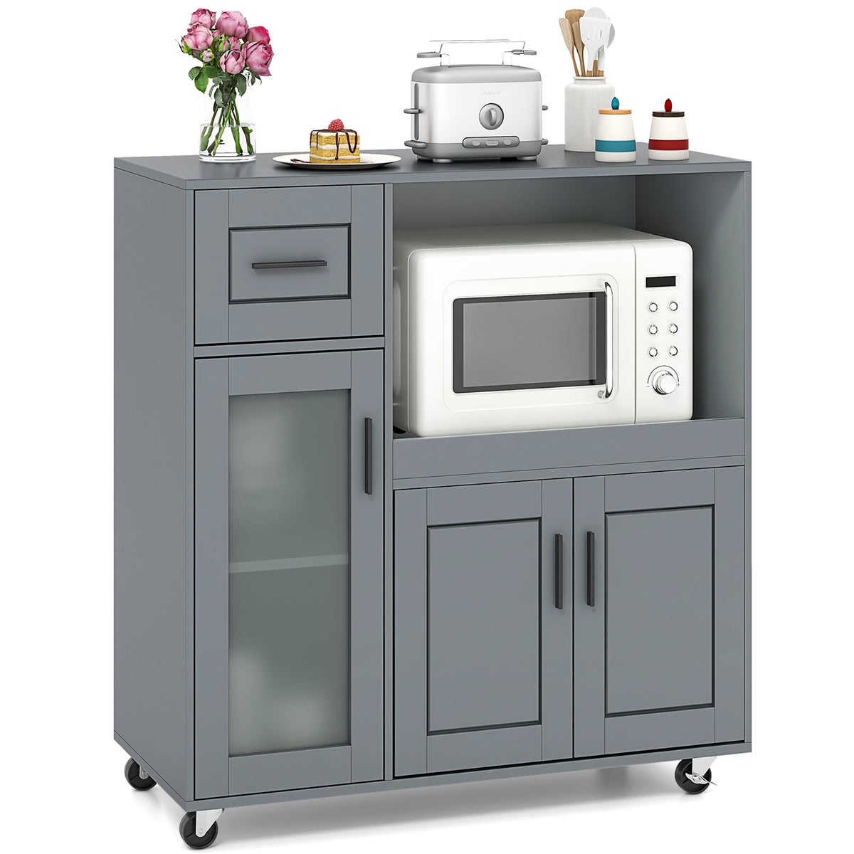 GIANTEX Kitchen Island Cart with Storage, Rolling Island Table with Drawer, Glass Door, Adjustable Shelf, Bar Coffee Microwave Cart On Wheels for Dining Room, Grey