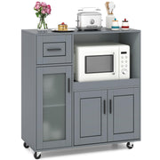 GIANTEX Kitchen Island Cart with Storage, Rolling Island Table with Drawer, Glass Door, Adjustable Shelf, Bar Coffee Microwave Cart On Wheels for Dining Room, Grey