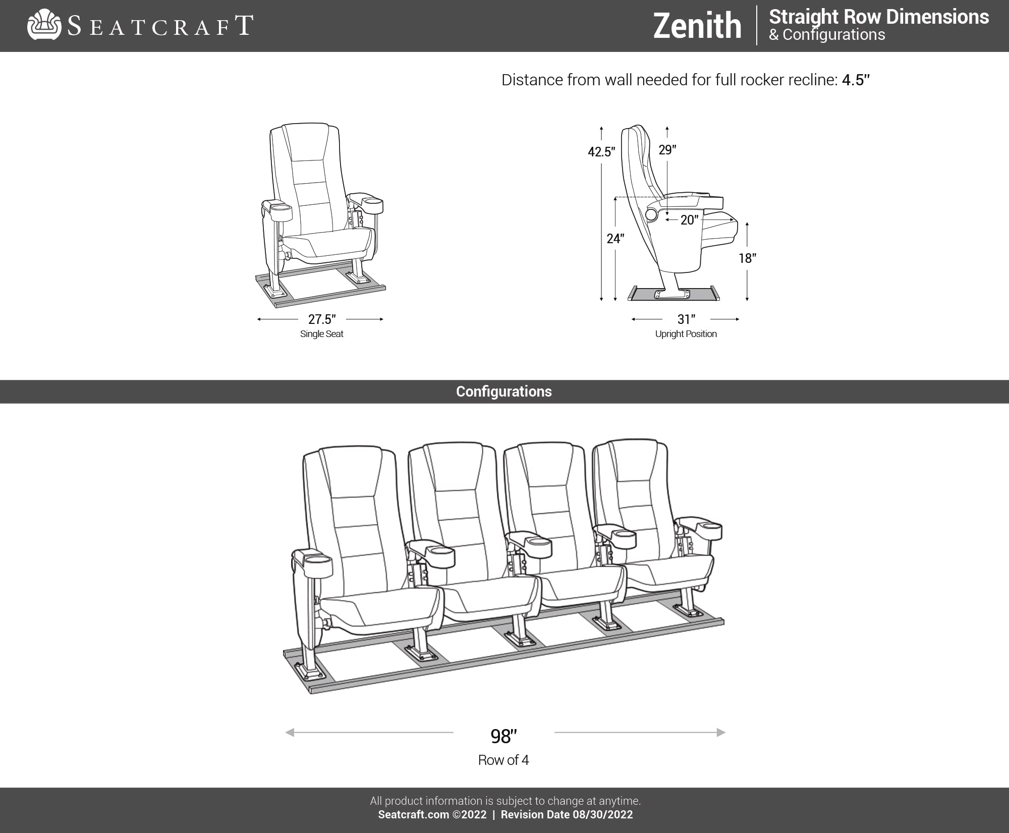 Seatcraft Zenith Movie Theater Seating, Fabric, No-Drill Free-Standing Base, Rocker Recliner, Flip-Up Armrests w/Cupholders, Gravity Lift Seat Surface, Row of 4, Black