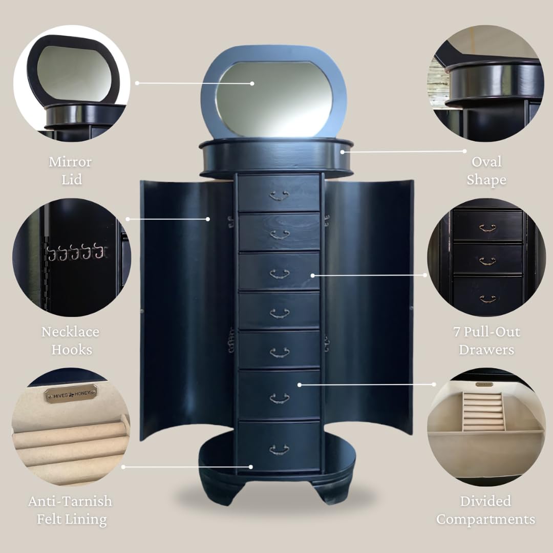 Oval Jewelry Armoire with Mirror & 7 Drawers