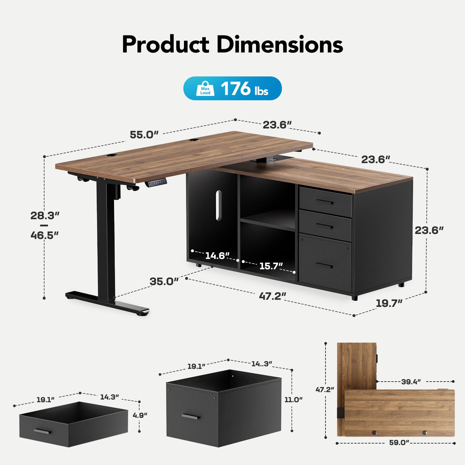 HUANUO 55 Inch L Shaped Standing Desk with Drawers, Electric Executive Desk with File Cabinet Sets, Adjustable Height Stand Up Desk, Home Office Computer Desk with 4 Memory Presets, Walnut