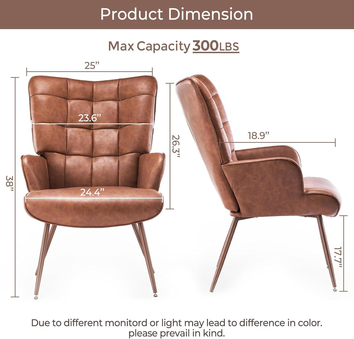 Kosydown PU Leather Wingback Accent Chair with High Back & Tufting, Brown