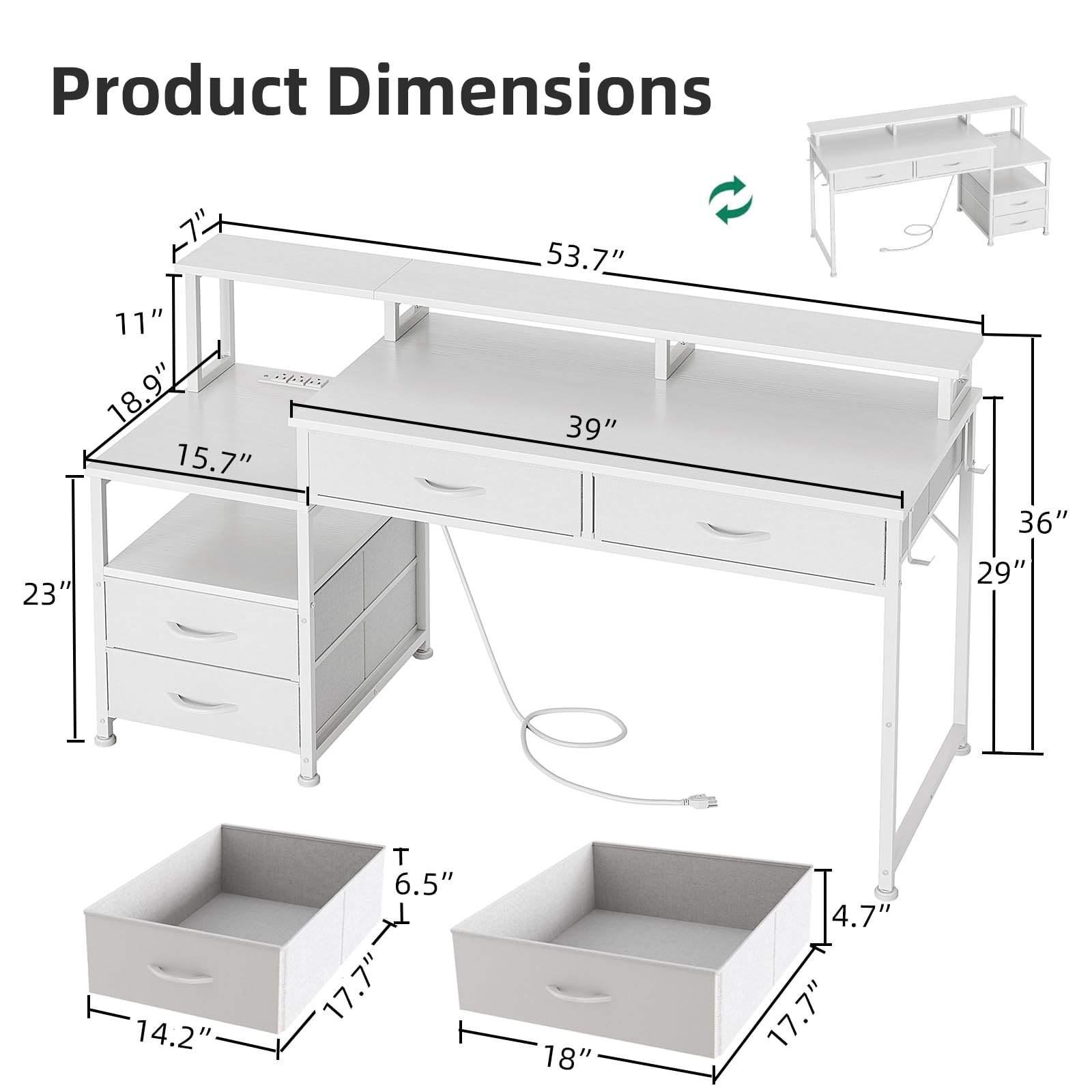 MUTUN 53" Computer Desk with 4 Drawers & Power Outlets, Reversible Home Office Desk with Monitor Stand & Printer Stand, Gaming Desk with Led Lights, Study Writing Work Desk Table for Bedroom (White)