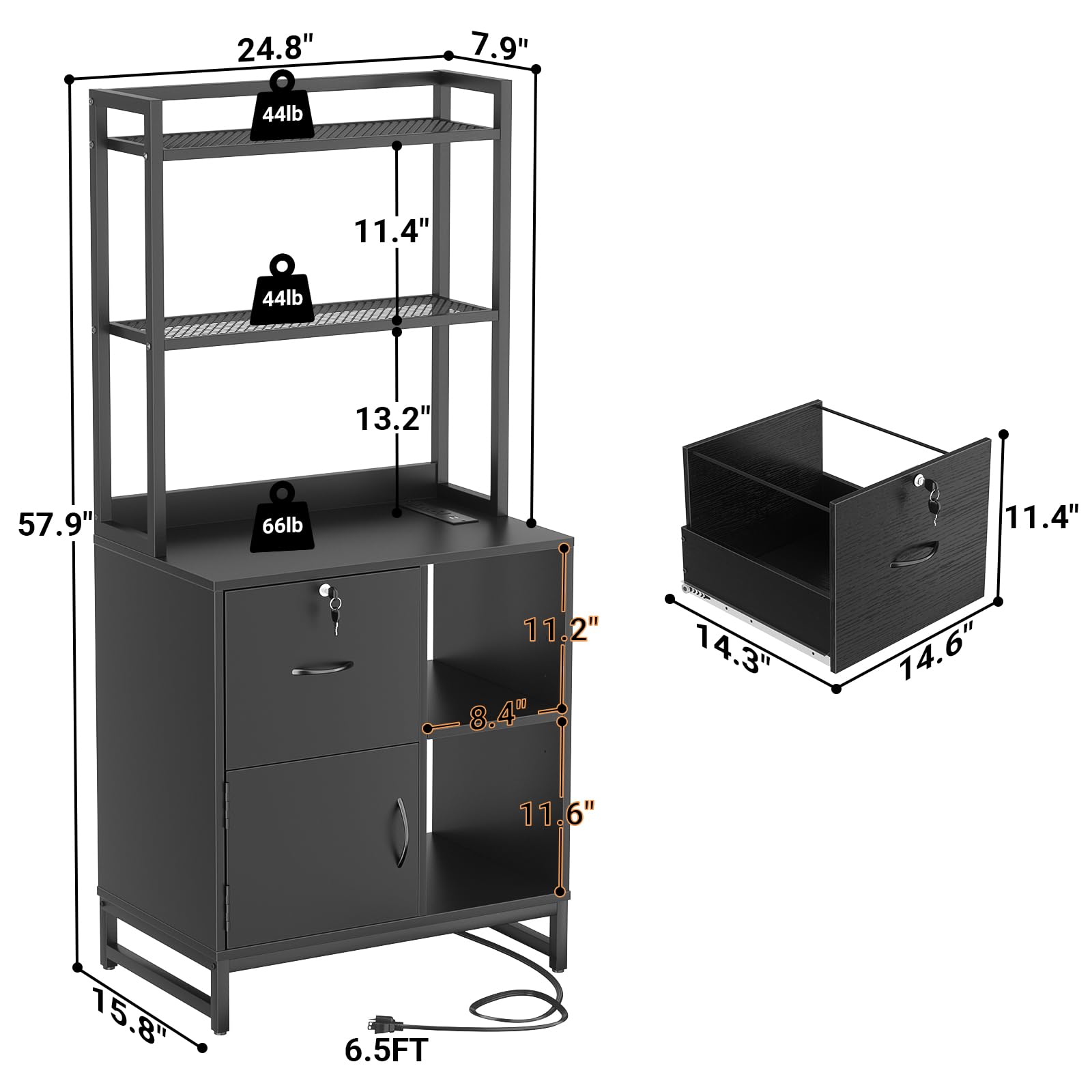 Homieasy Vertical Filing Cabinet with Bookshelf for Home Office, File Cabinet with Shelves, Lock & Charging Station, Drawer Office File Cabinets with Printer Stand, fits Letter Size, Black