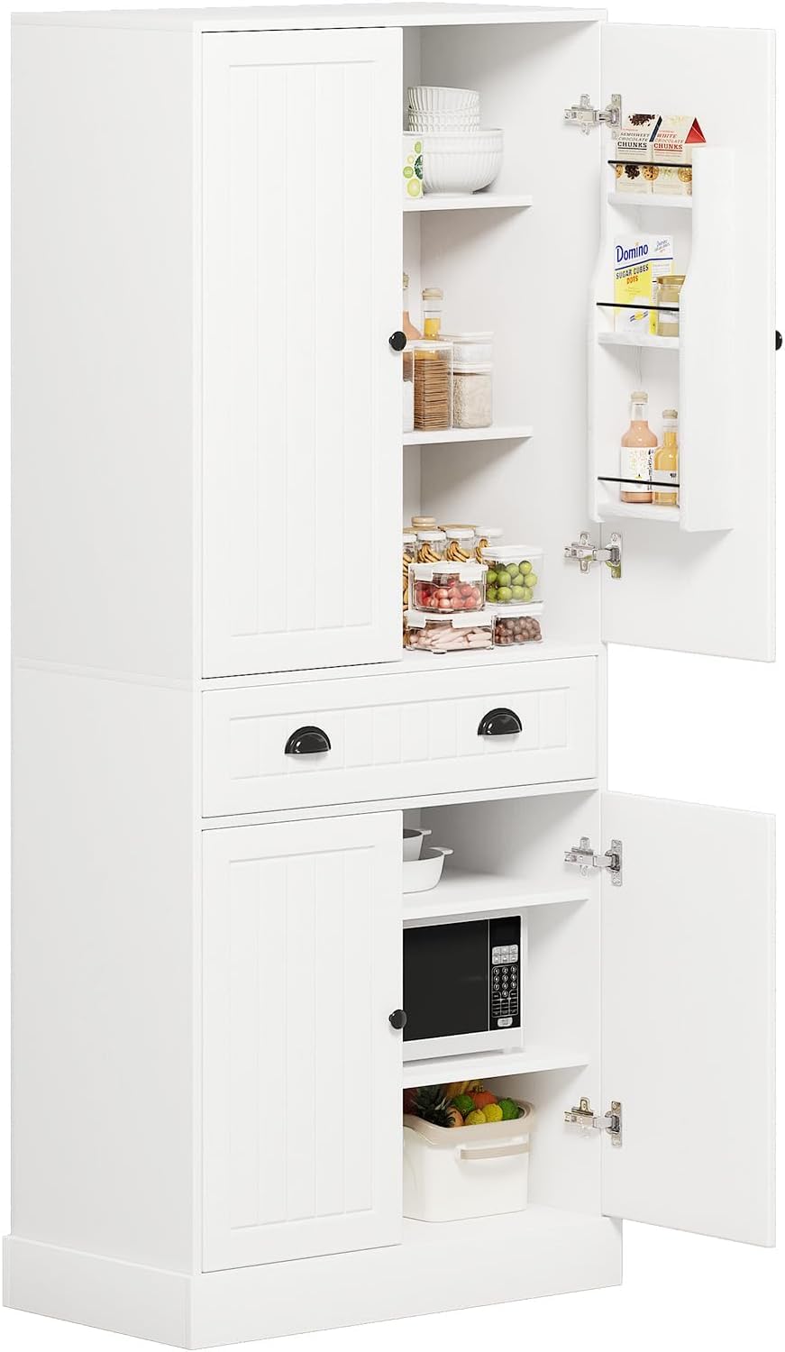 4 EVER WINNER 72" Tall Kitchen Pantry Cabinet, Food Pantry Cabinet with Storage Cabinets and Door Shelves, Farmhouse Cabinet with Adjustable Shelves and Drawers for Kitchen, Dining, Living Room, White