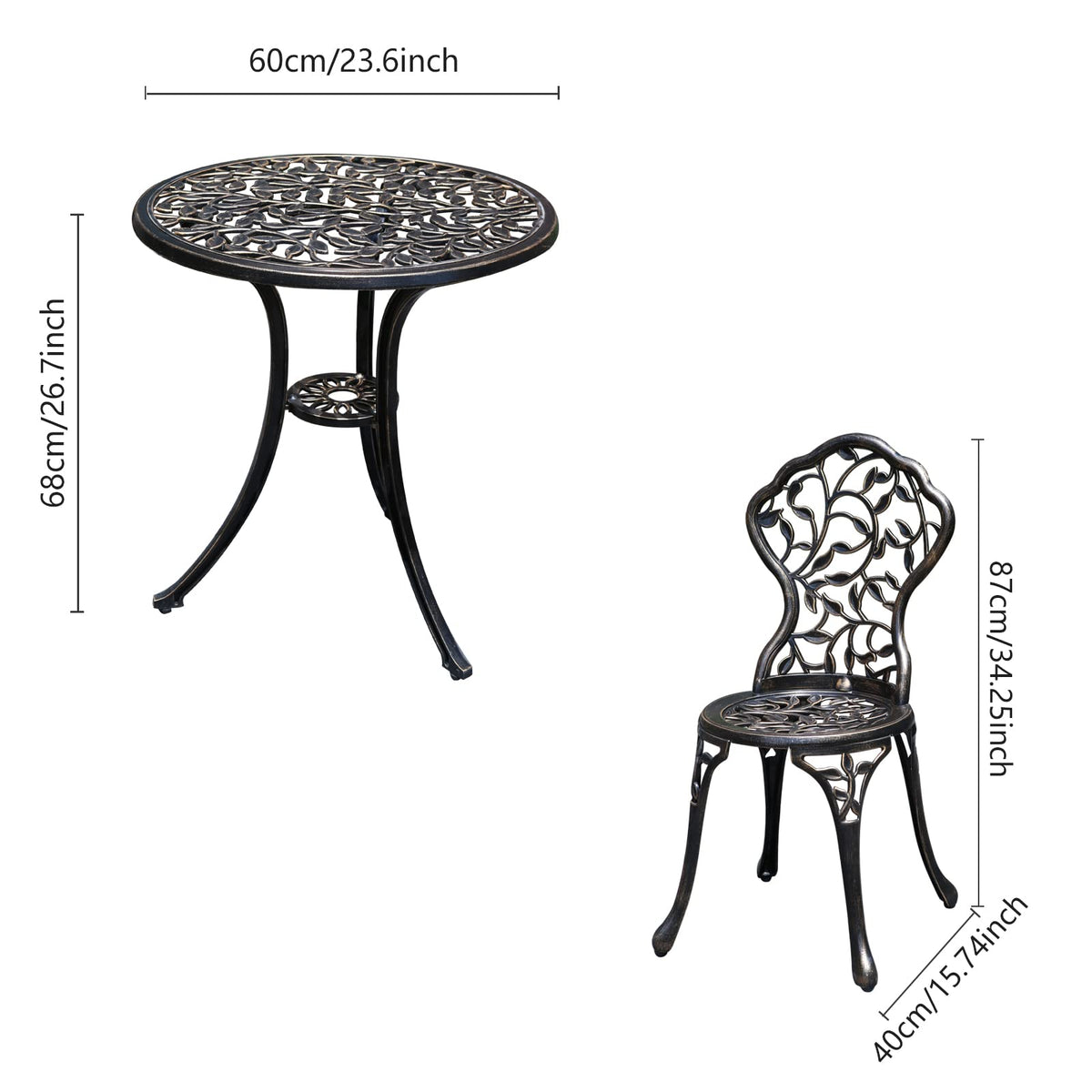 YKSY&YKSY Patio Bistro Set.Rust-Resistant Cast Aluminum Bistro Table Set with Umbrella Hole for Backyard (Leaf DESIGNCOPPER)