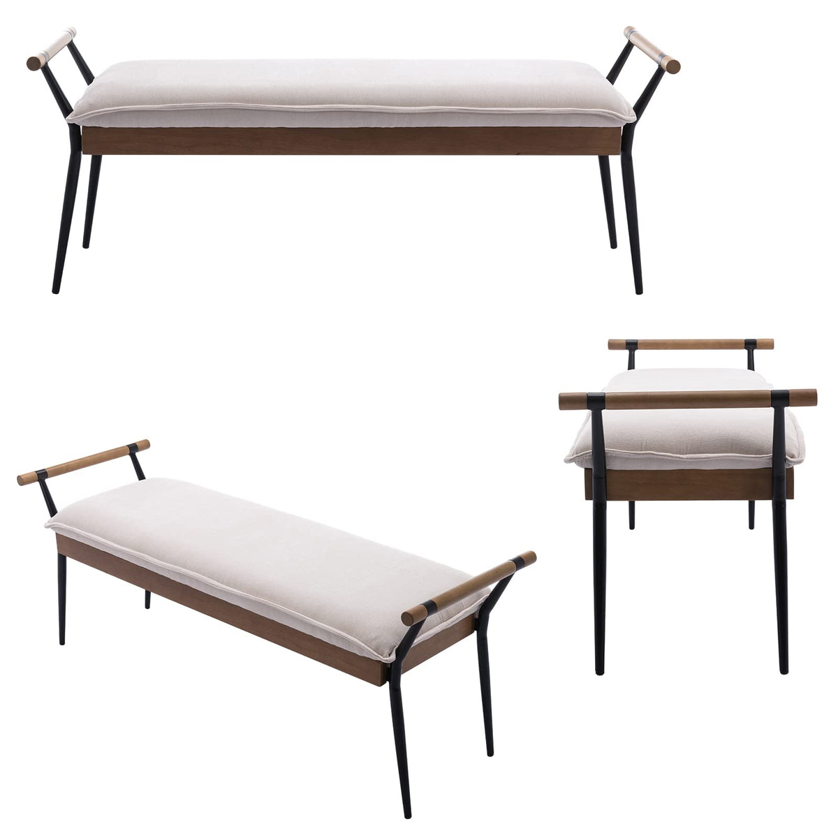 White Chenille Bench with Arms