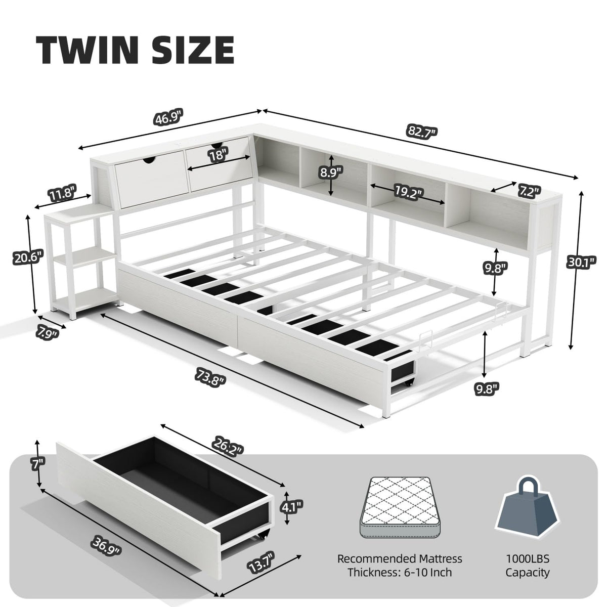 Buytime Twin Corner Bed Frame, L-Shaped Daybed, White