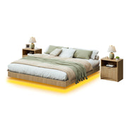 Fluted Floating Bed Frame with LED Lights & 2 Nightstands
