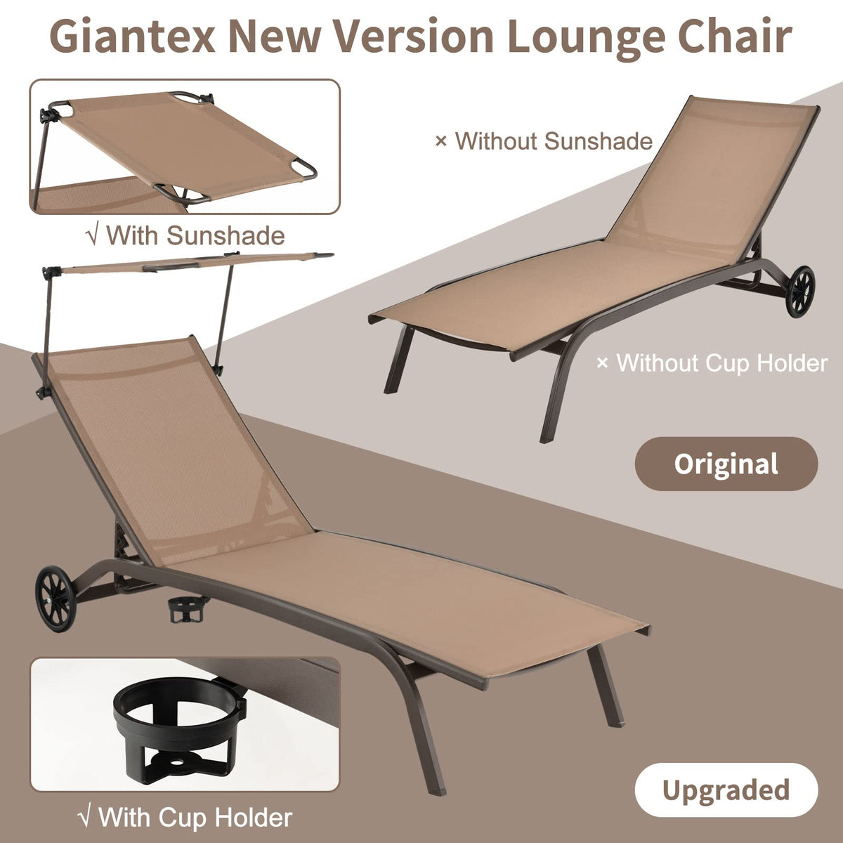 GIANTEX Set of 2 Outdoor Chaise Lounge Chair, Tanning Chair with Sunshade, Smooth Wheels, 6-Level Adjustable Position, Cup Holder, Metal Frame, Patio Chaise Lounge for Sunbathing, Yard, Poolside (2)