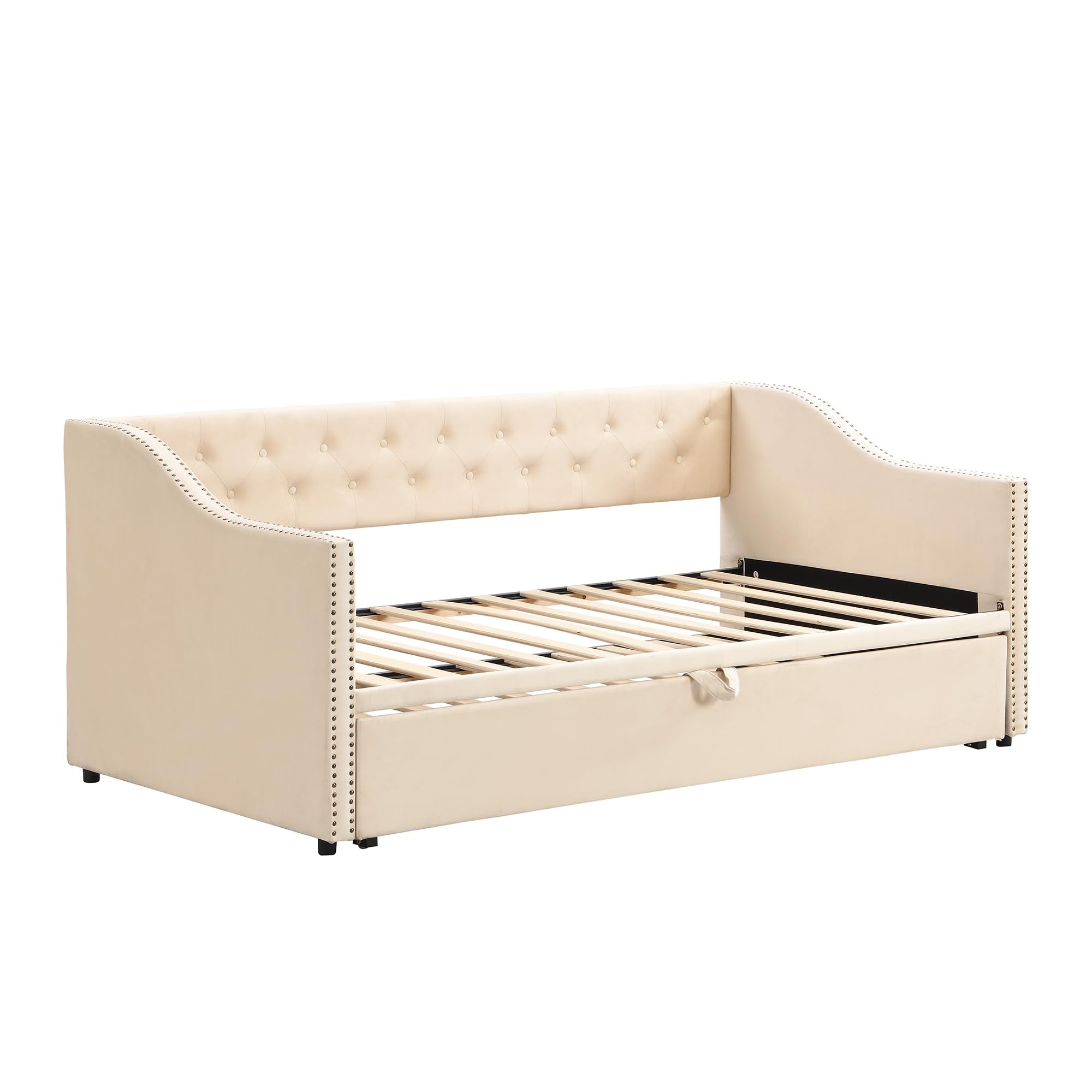 Merax Twin Size Upholstered Velvet Daybed with Pop Up Trundle, Multi-Functional Sofa Bed with Backrest and Two Armrest for Kids Room, Guest Room, Living Room,Beige