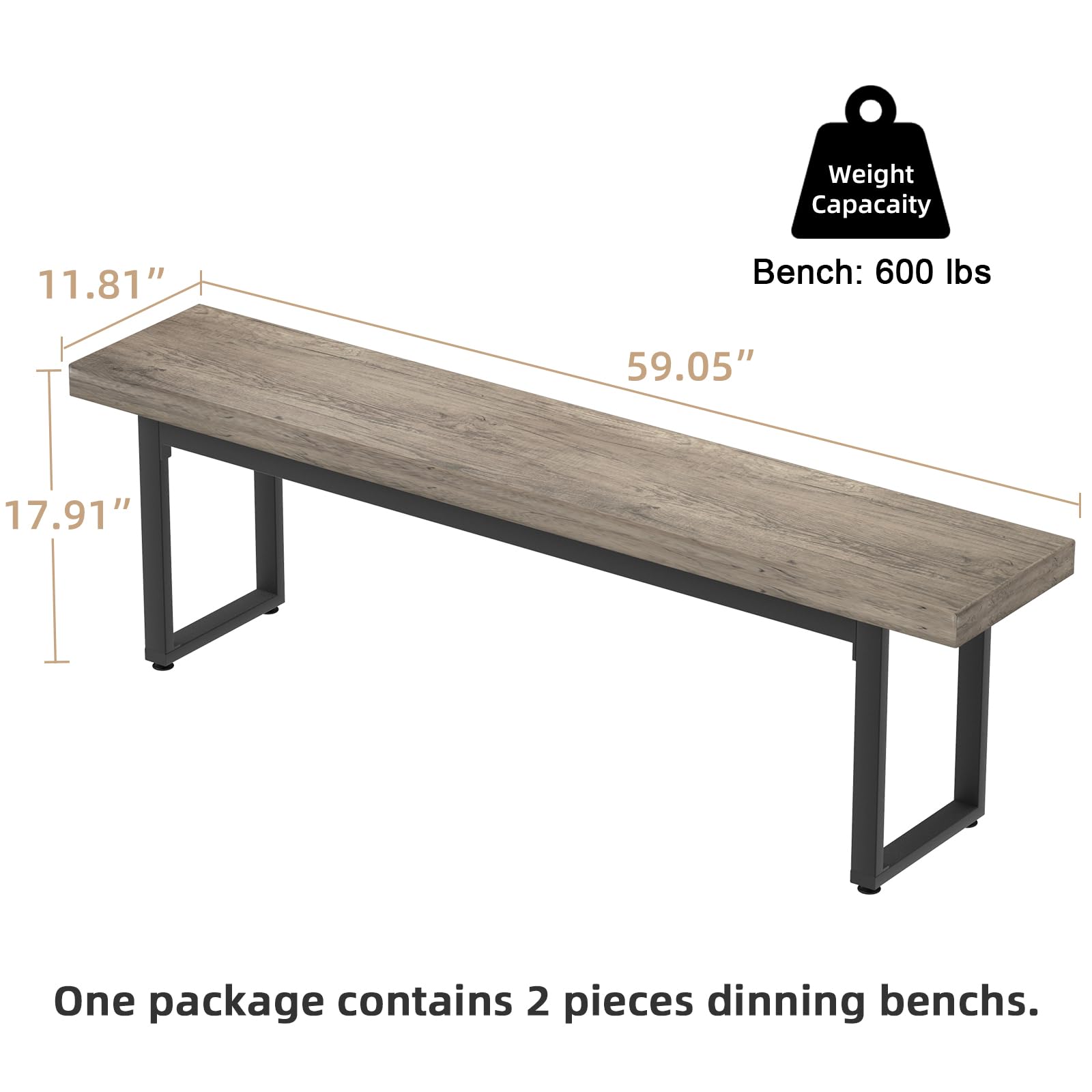STHOUYN 59” Dining Bench Pair of 2 for 6-8 Person, Farmhouse Indoor Kitchen Table Benches, Bed Bench, Industrial Shoe Bench (Grey 2pcs)