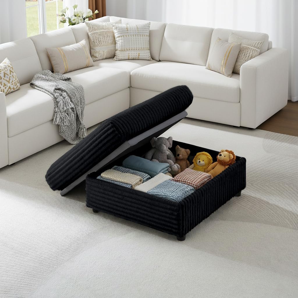 Mofolit Corduroy Ottoman with Storage,16.5Inch Height Square Ottomans Easy of Assembly, Couch Ottoman for Living Room,Apartment and Bedroom .(Black, Ottoman)