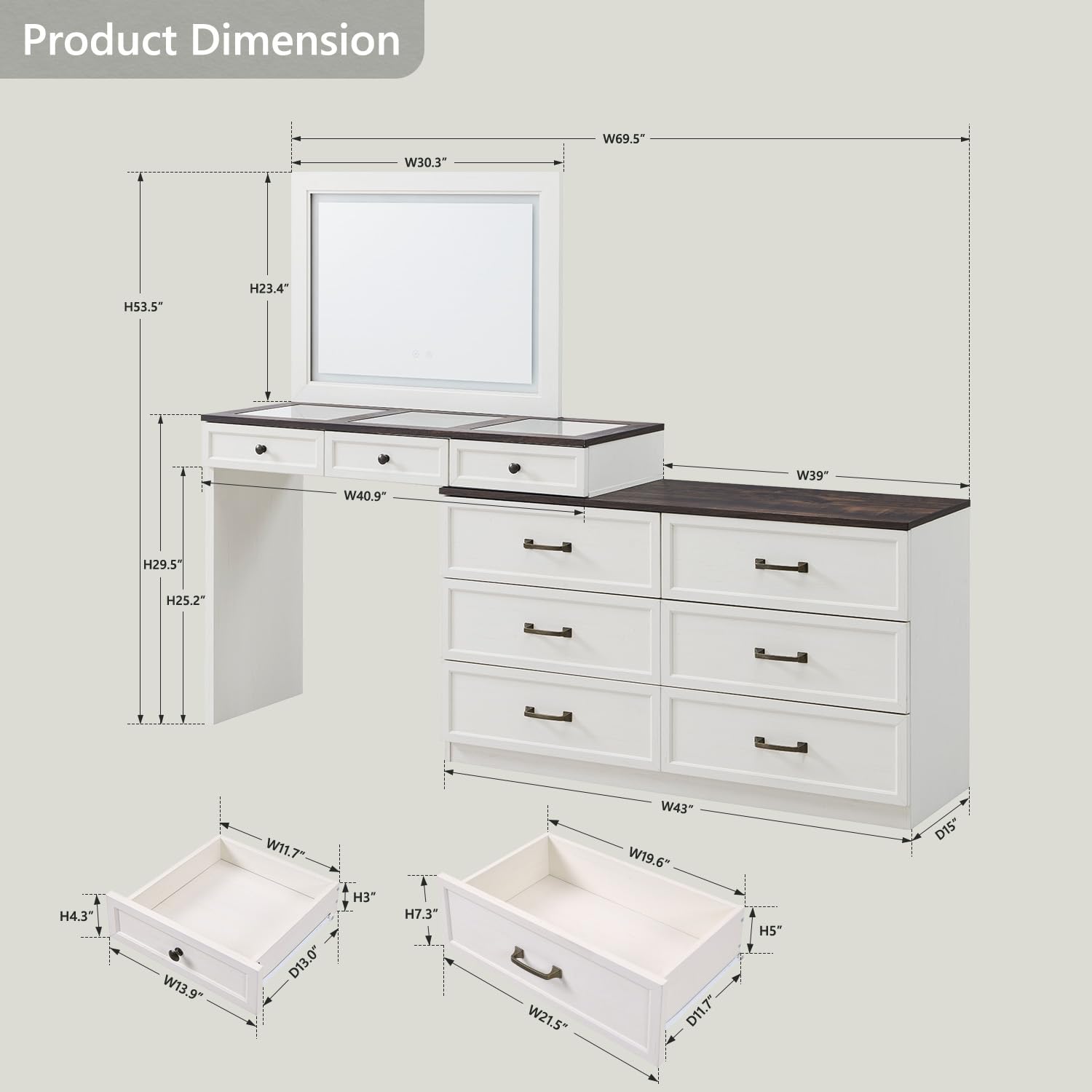 Aitjunz 69" W Big Vanity Desk with Glass Top, Farmhouse Makeup Table with 9 Large Storage Drawers, Rustic Wood Bedroom Dressing Table w/3 Color Available Light & 30" HD Led Mirror, Antique White