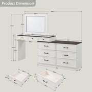Aitjunz 69" W Big Vanity Desk with Glass Top, Farmhouse Makeup Table with 9 Large Storage Drawers, Rustic Wood Bedroom Dressing Table w/3 Color Available Light & 30" HD Led Mirror, Antique White
